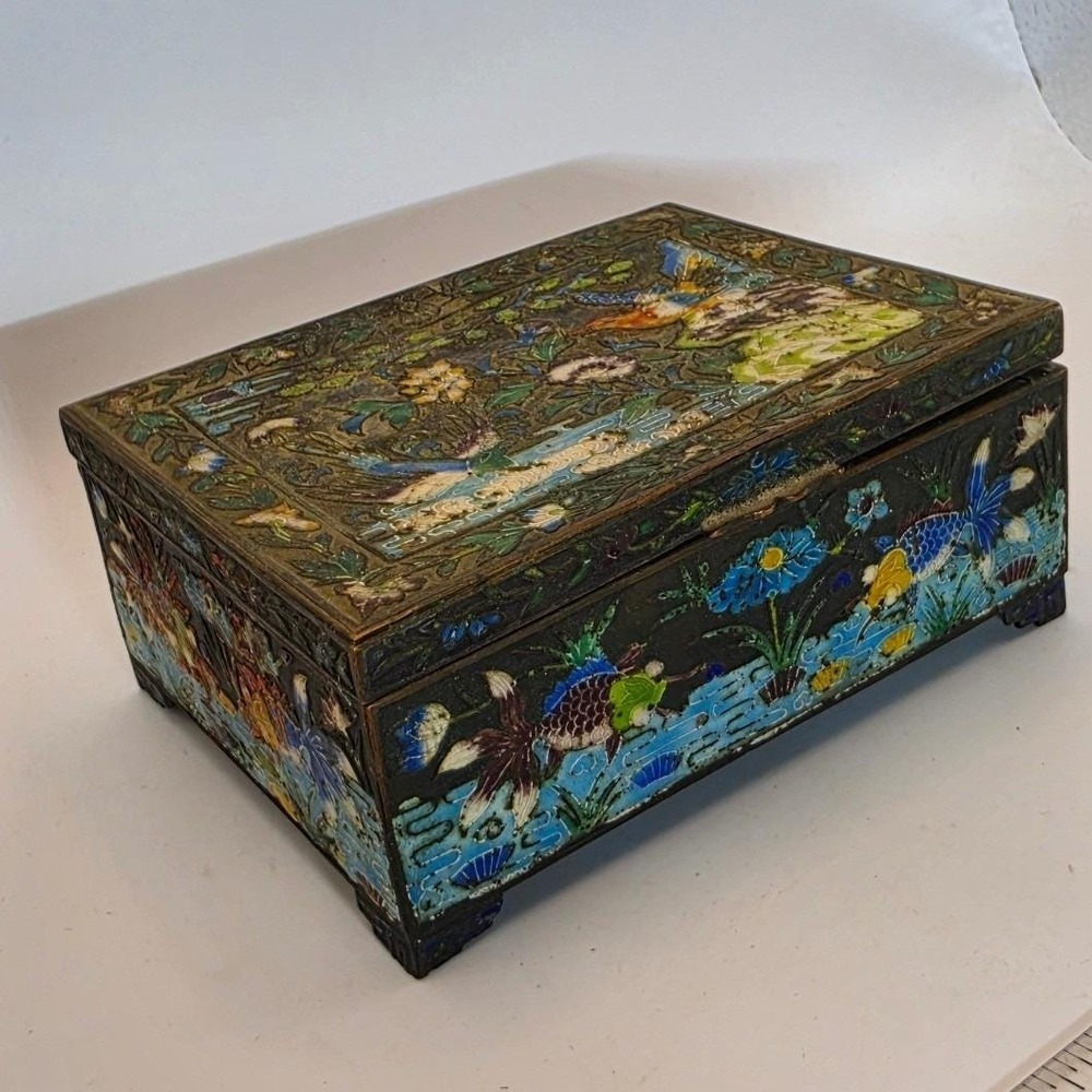Vintage Chinese Cloisonne Enamel Jewelry Box Bird Koi Fish Champleve Wood Lined